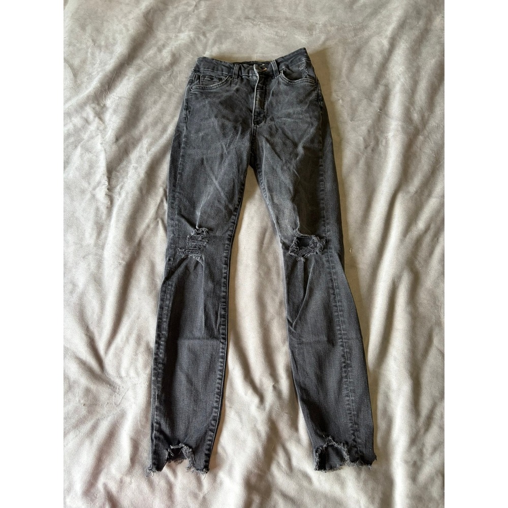 H&M &Denim Super Skinny High Waist Distressed Black Jeans Raw Hem 27 Ankle